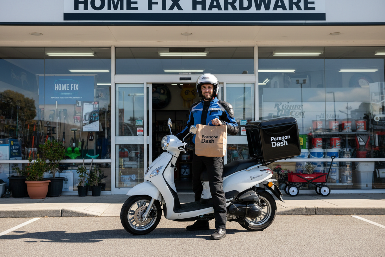 Rider Outside Hardware Store